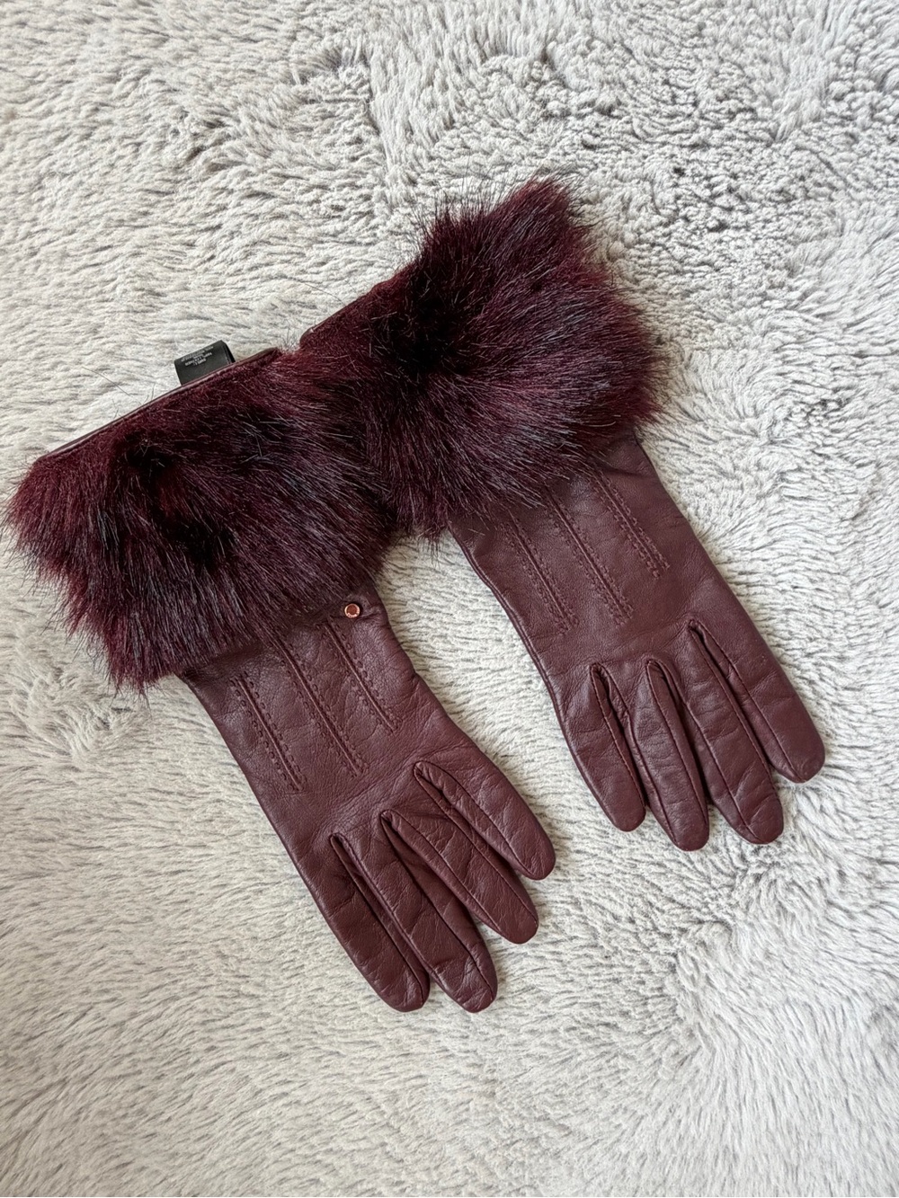 TED BAKER Jania Burgundy Leather Gloves Faux Fur Cuff Cashmere Wool S/M